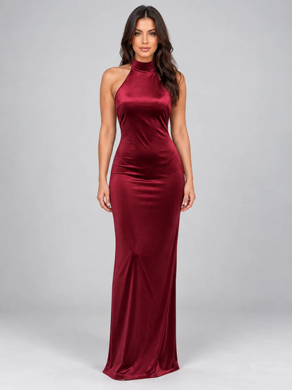 Rhea | Satin Halter Maxi Dress Backless