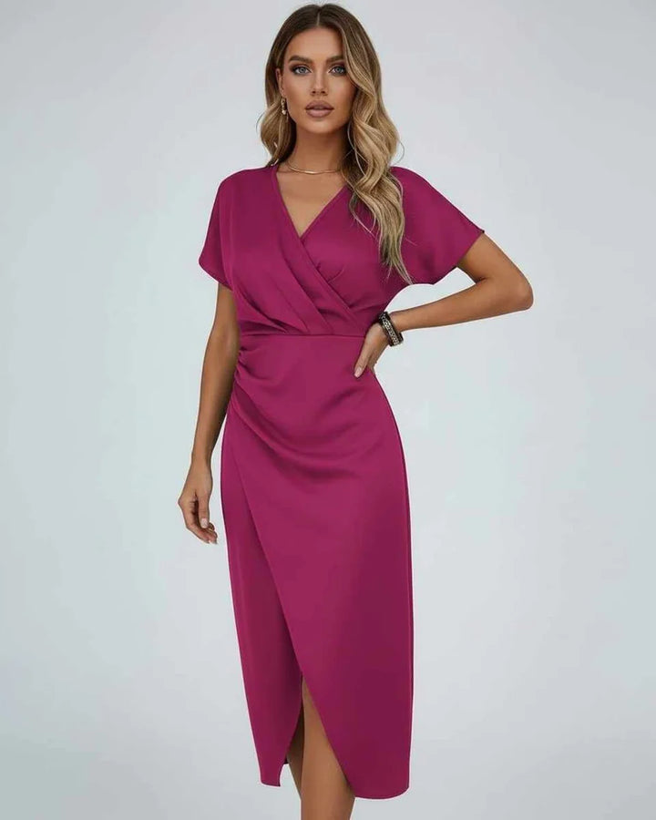 Wrap Midi Dress with Draped Waist and Split Hem