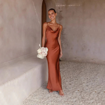 Wedding Guest Dress – Black Cowl Neck Satin Maxi