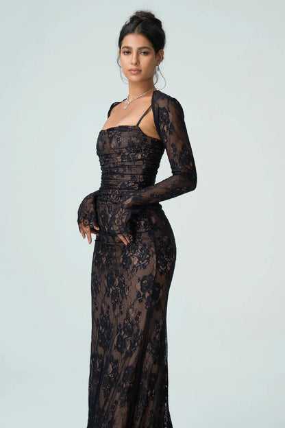 Lace Maxi Dress – Black Long Sleeve Square Neck