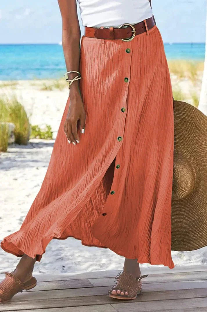 High-Waist Button-Front Crinkle Linen-Look Maxi Skirt
