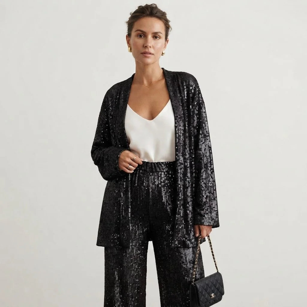 Sequin Blazer and Wide-Leg Pant Set