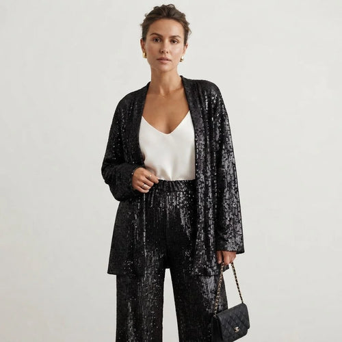 Sequin Blazer and Wide-Leg Pant Set
