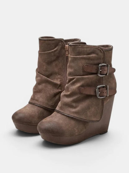 Wedge Ankle Boots Side Zip Double Buckle