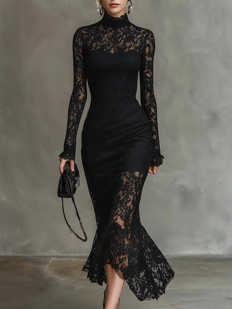 Lace High-Neck Long Sleeve Maxi Dress