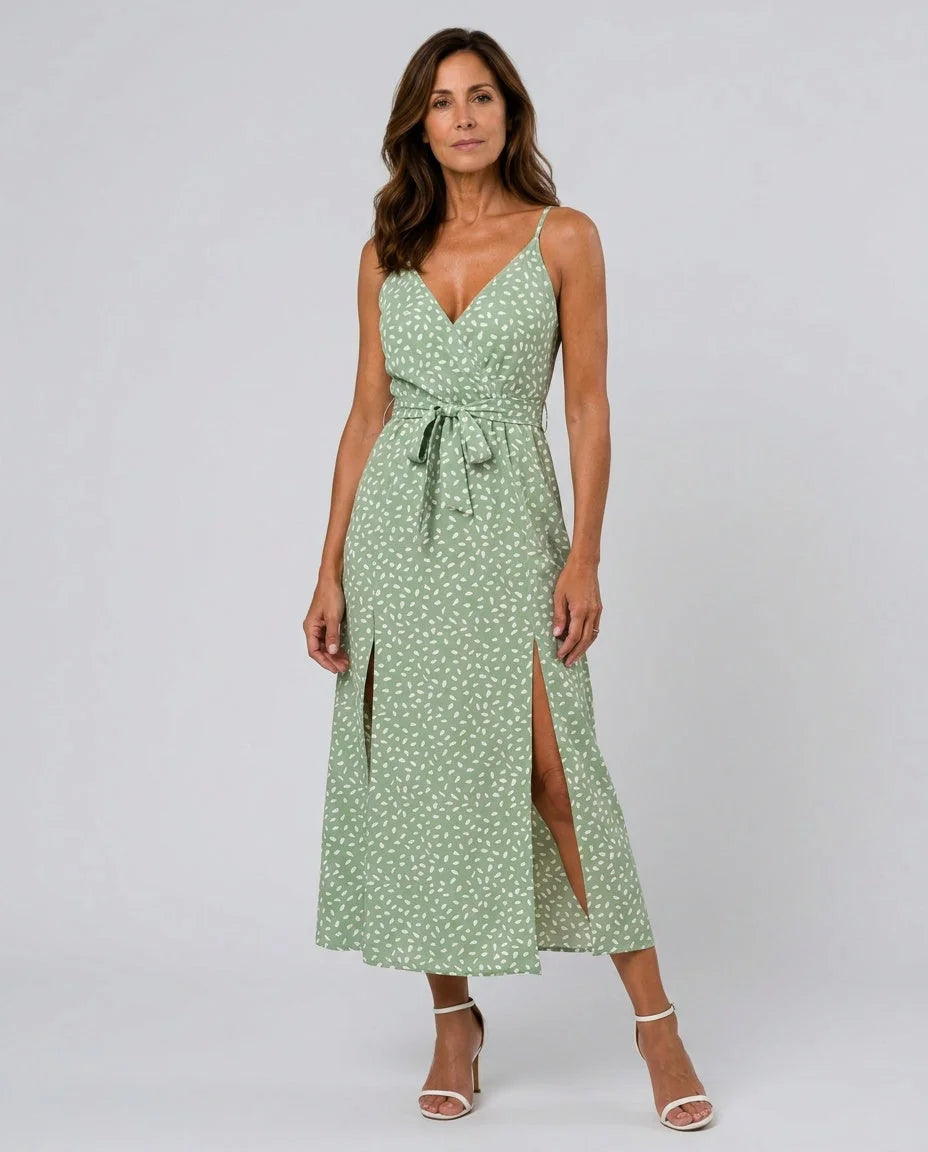 Polka Dot Wrap Midi Dress with Side Split