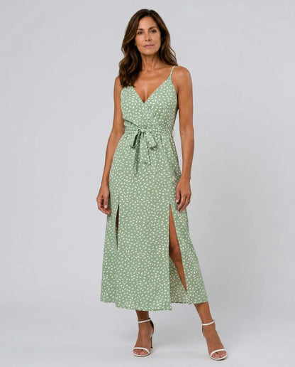 Polka Dot Wrap Midi Dress with Side Split
