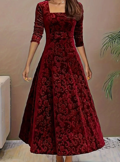 Velvet Square-Neck Floral Embossed A-Line Party Dress