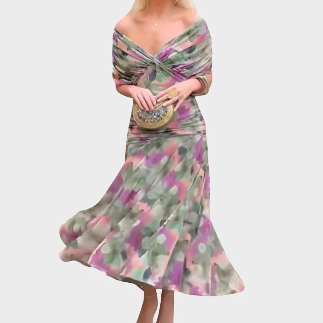 Off Shoulder Midi Dress Draped Wrap Bodice