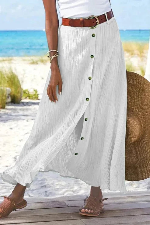 High-Waist Button-Front Crinkle Linen-Look Maxi Skirt