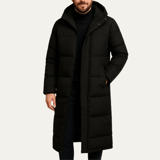 Men's Hooded Puffer Jacket – Black Long Winter Coat