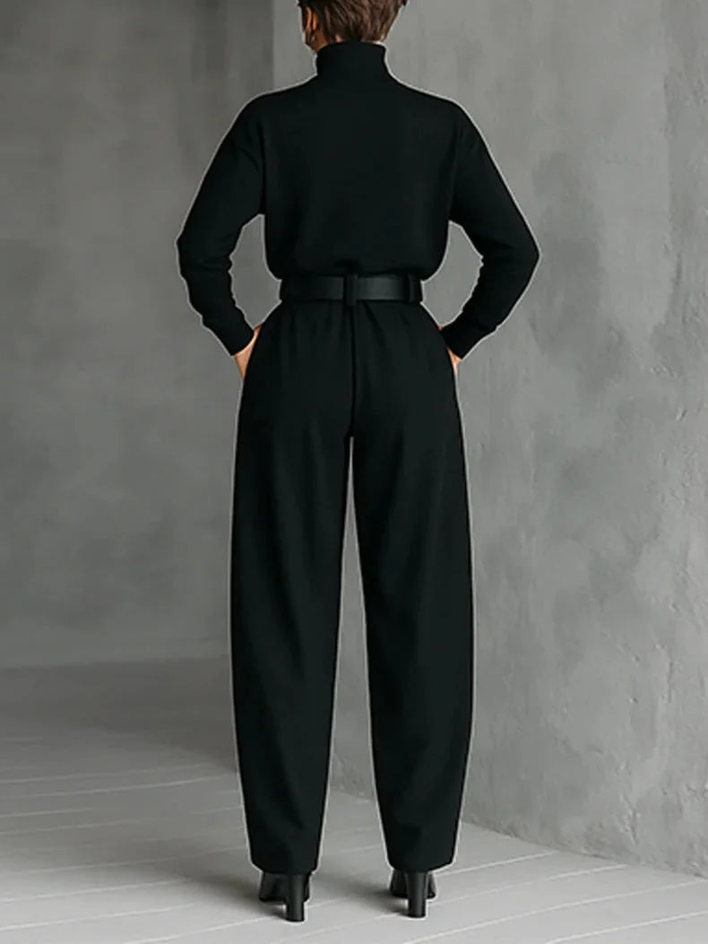 High-Neck Top and Wide-Leg Pant Set with Belt