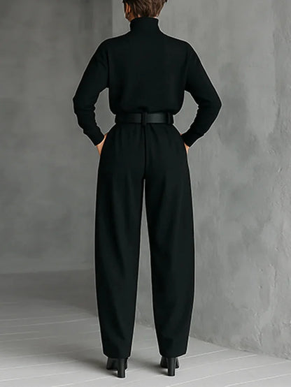 High-Neck Top and Wide-Leg Pant Set with Belt