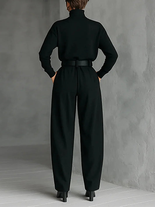 High-Neck Top and Wide-Leg Pant Set with Belt