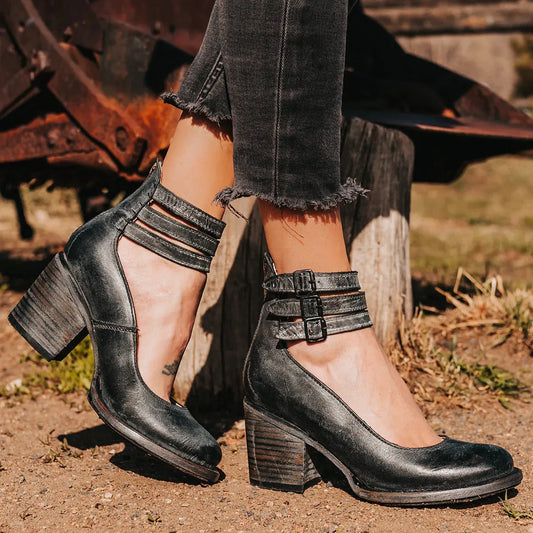 Ankle Boots Triple Buckle Strap Block Heel