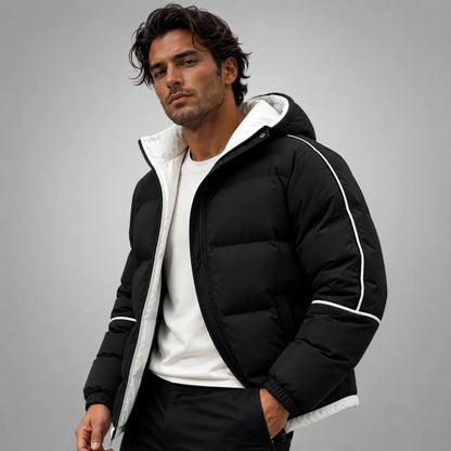 Men's Hooded Puffer Jacket – Black Contrast Piping