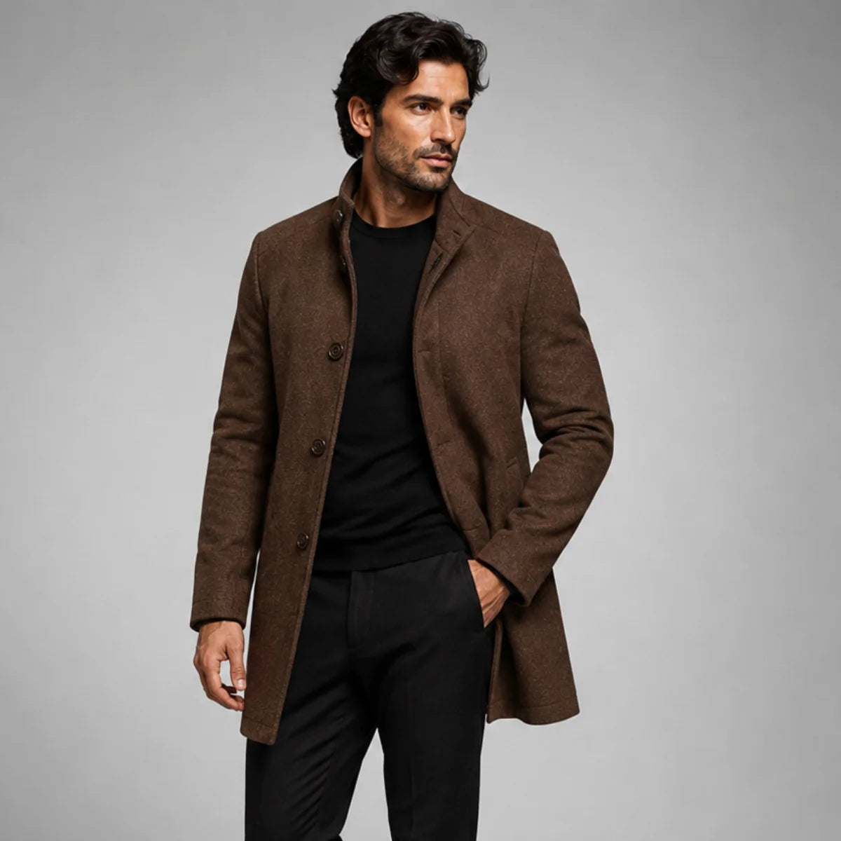 Men's Wool Coat – Black Stand Collar Overcoat