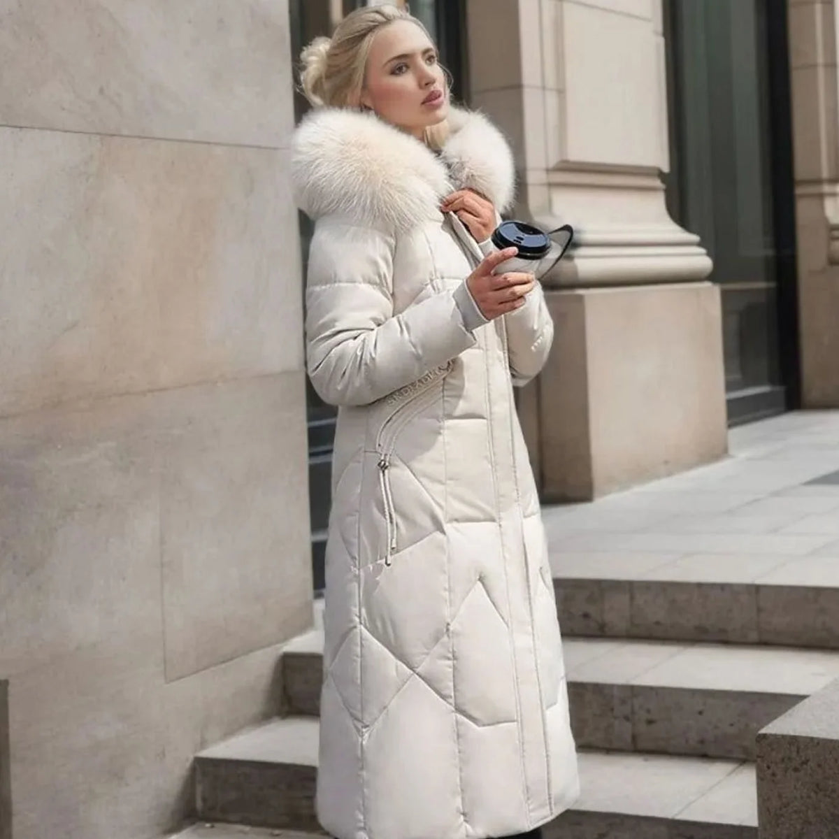 Long Hooded Puffer Coat – Black Faux Fur Trim