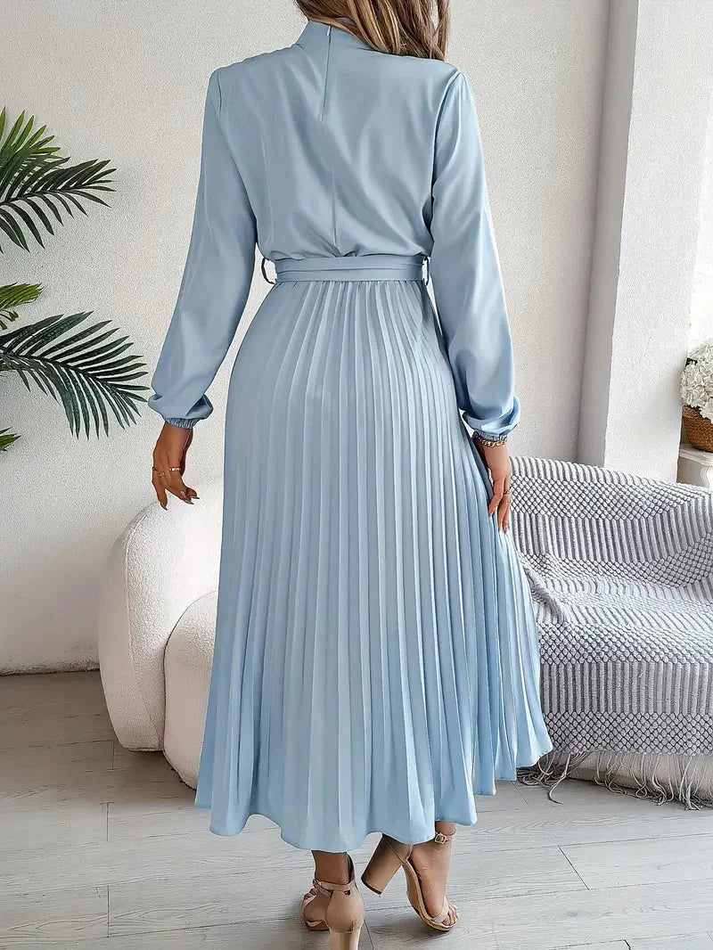 Long Sleeve Pleated Belted Dress