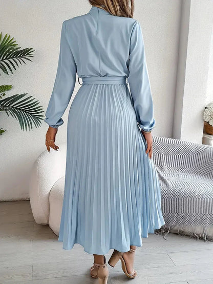Long Sleeve Pleated Belted Dress