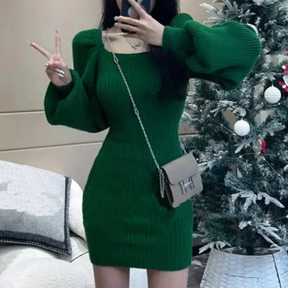 Sweater Dress – Red Puff Sleeve Square Neck