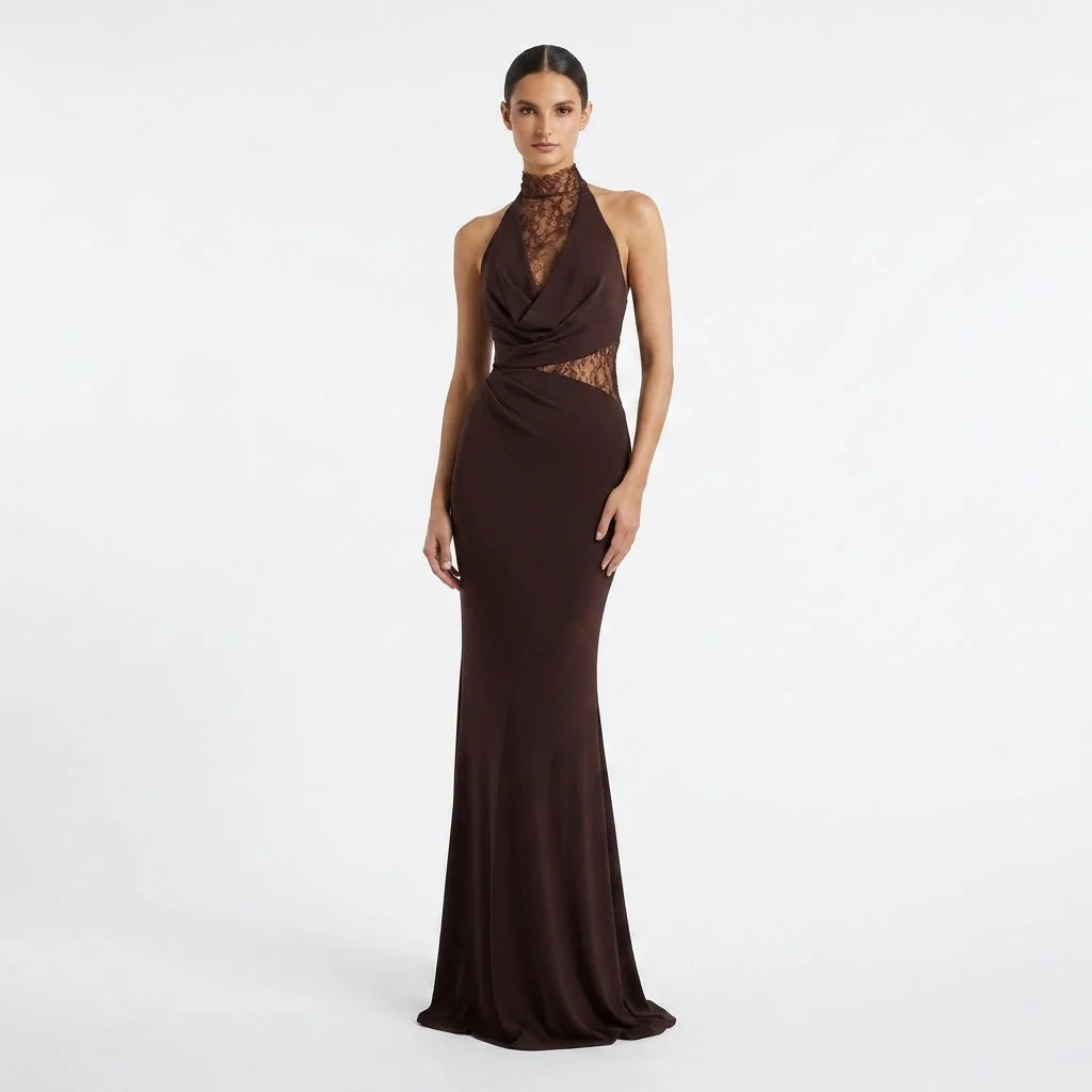 Lace Maxi Dress – Brown High Neck Halter