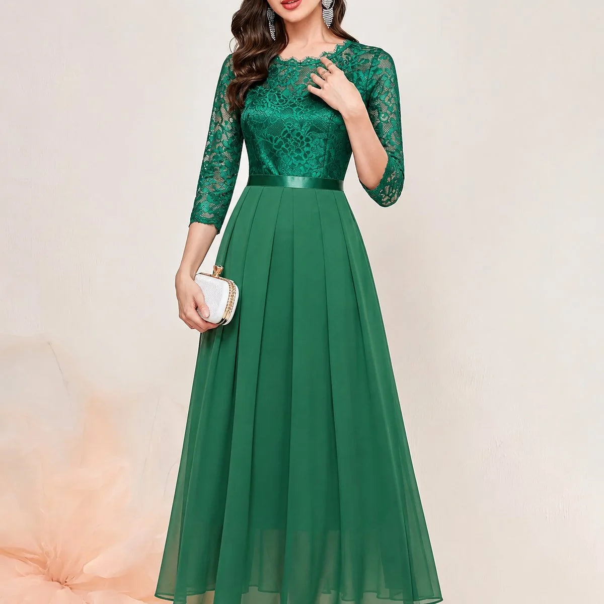 Lace Maxi Dress – Red Three-Quarter Sleeve