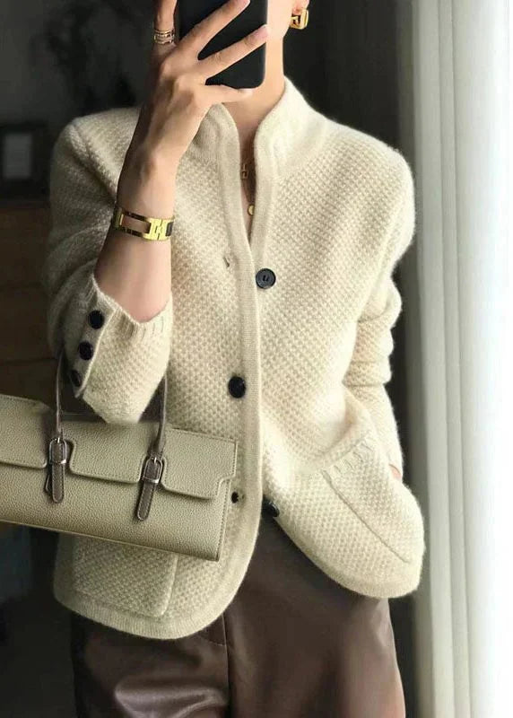 Stand Collar Cardigan Ribbed Knit Button Front