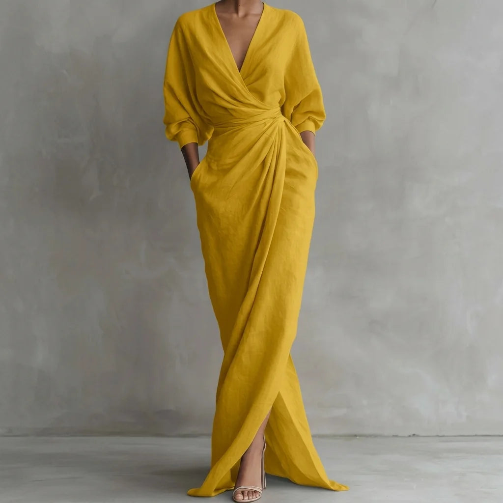 Ruched Wrap-Front Long Sleeve Maxi Dress