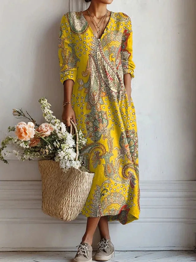 Floral Long Sleeve Midi Dress with V-Neck