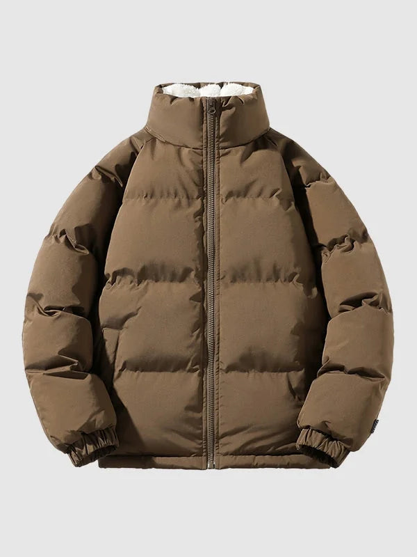 Men's Puffer Jacket – Black Fleece-Lined Stand Collar