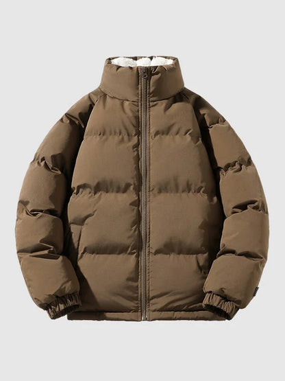 Men's Puffer Jacket – Black Fleece-Lined Stand Collar