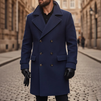 Men's Wool Coat – Blue Double-Breasted Longline