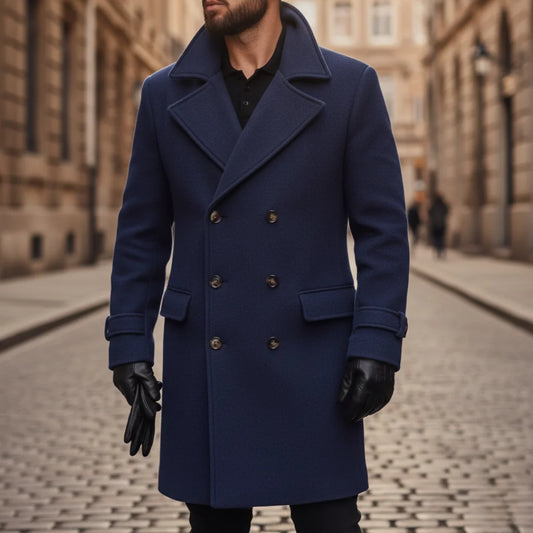 Men's Wool Coat – Blue Double-Breasted Longline