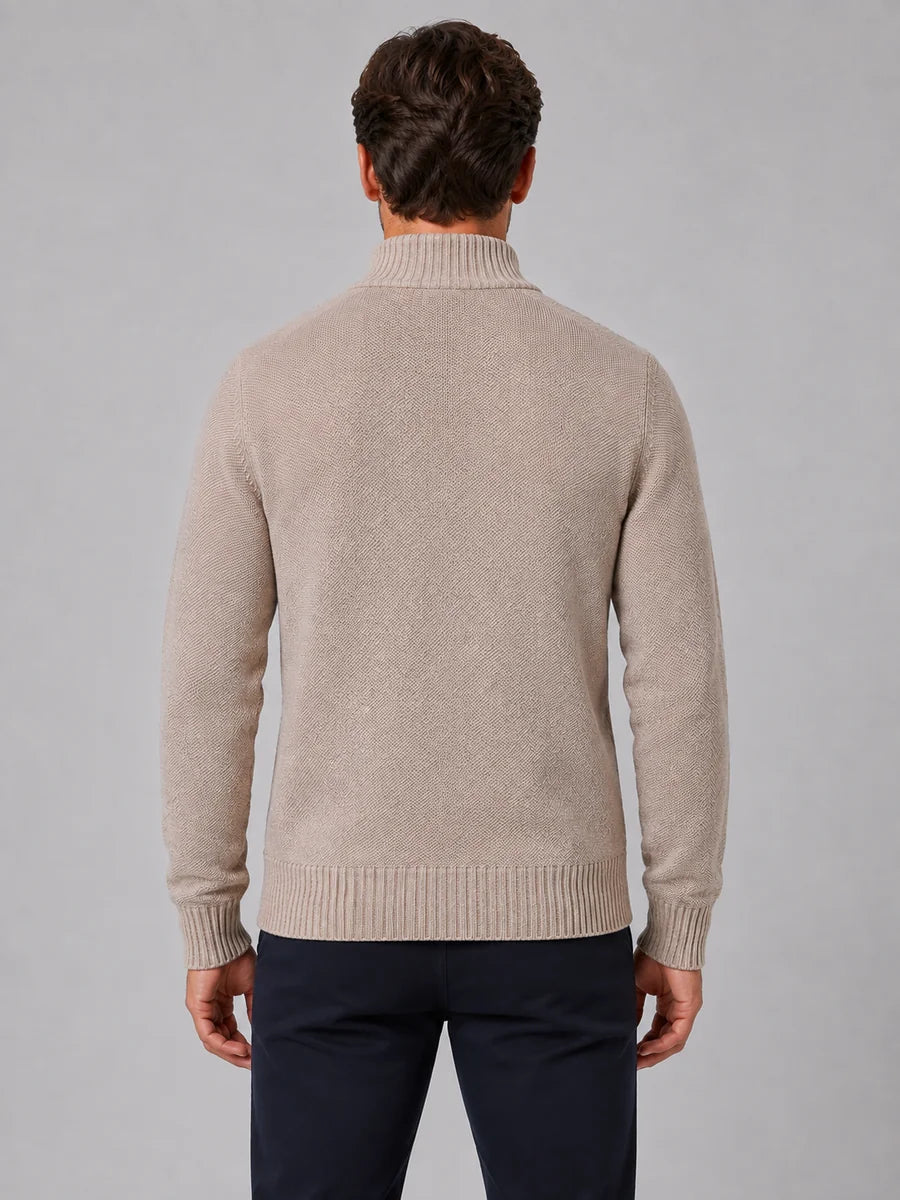 Men's Full Zip Knit Cardigan – Funnel Neck Textured Jumper