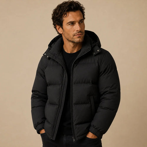 Men's Puffer Jacket – Black Hooded Insulated