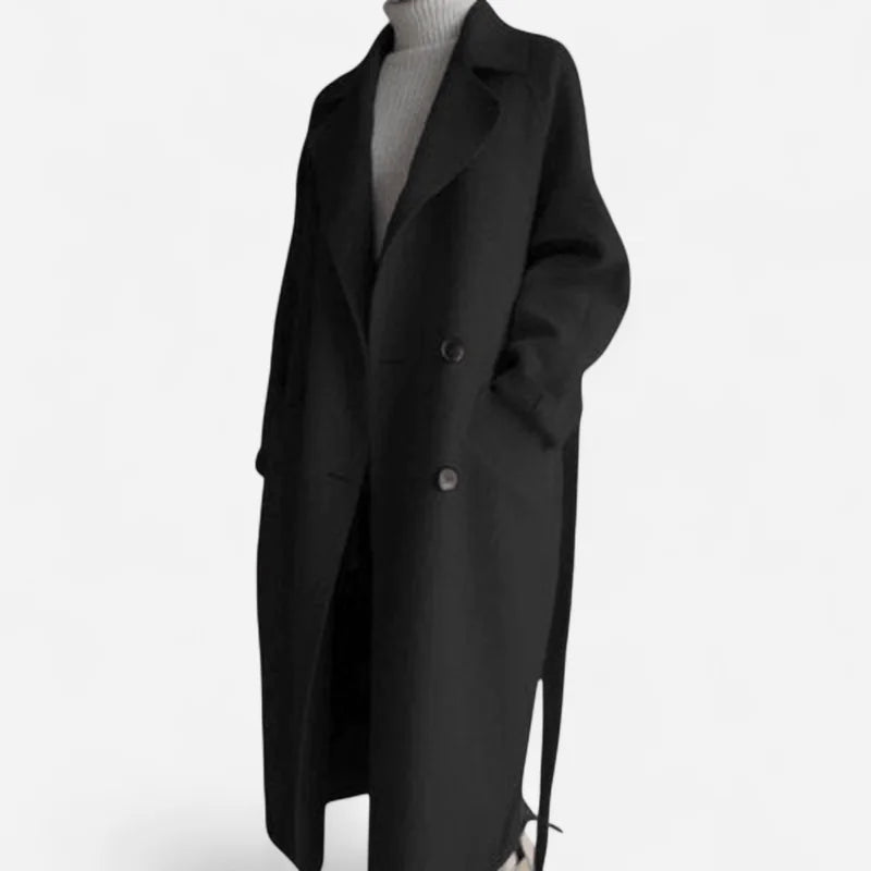 Wool Coat – Black Belted Double-Breasted