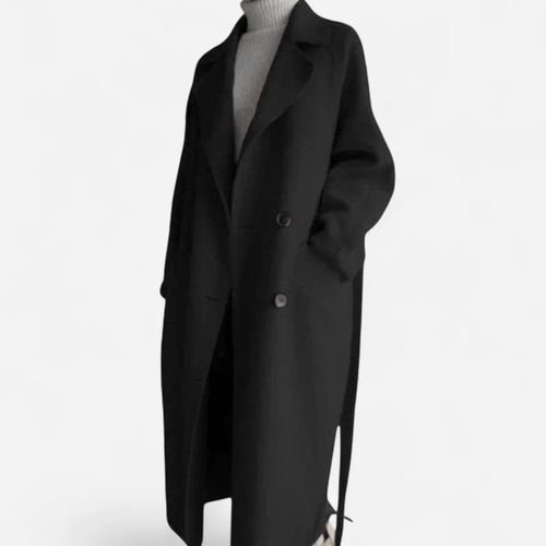 Wool Coat – Black Belted Double-Breasted