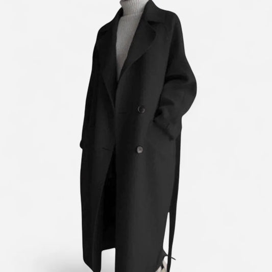 Wool Coat – Black Belted Double-Breasted