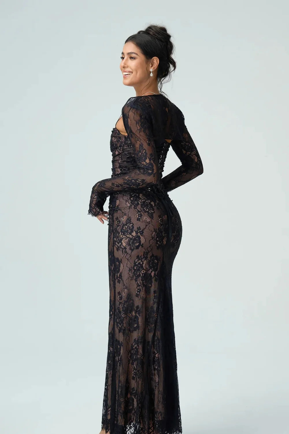 Lace Maxi Dress – Black Long Sleeve Square Neck