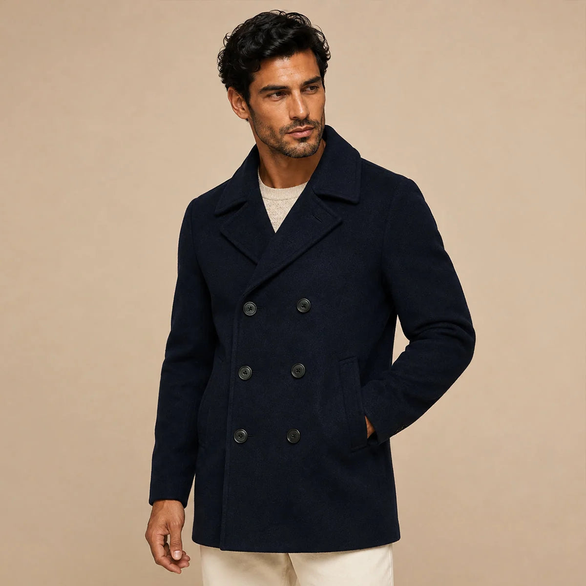 Men's Pea Coat – Navy Wool Double-Breasted