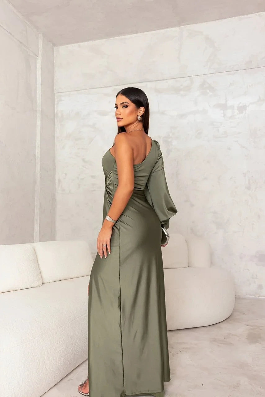 One-Shoulder Satin Cocktail Maxi Dress