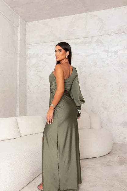 One-Shoulder Satin Cocktail Maxi Dress
