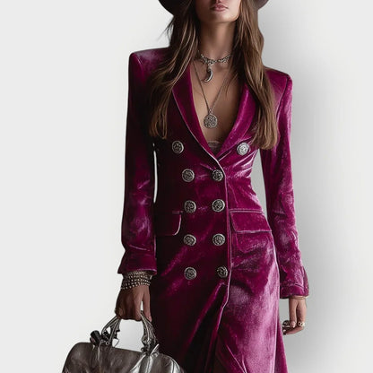 Velvet Maxi Dress – Purple Double-Breasted Long Sleeve