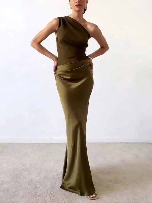 Wedding Guest Dress – Brown One-Shoulder Ruched Maxi