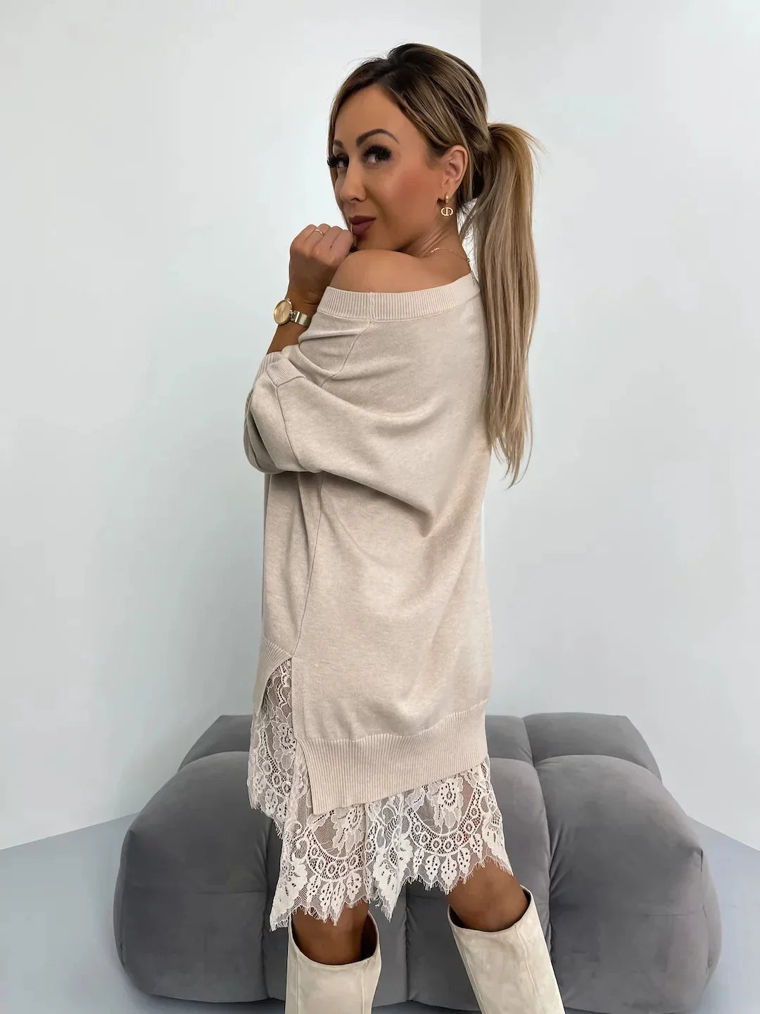 Sweater Dress – Apricot Oversized Mini Lace Hem