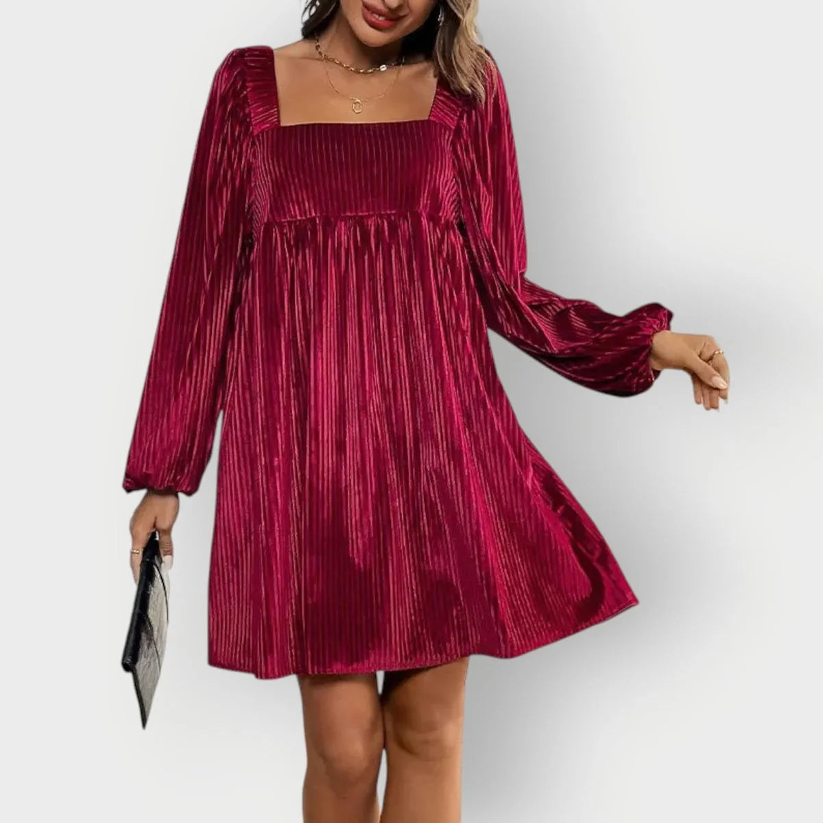 Velvet Dress – Wine Red Pleated Square Neck