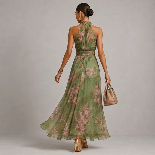 Floral Halter Chiffon Wedding-Guest Maxi Dress