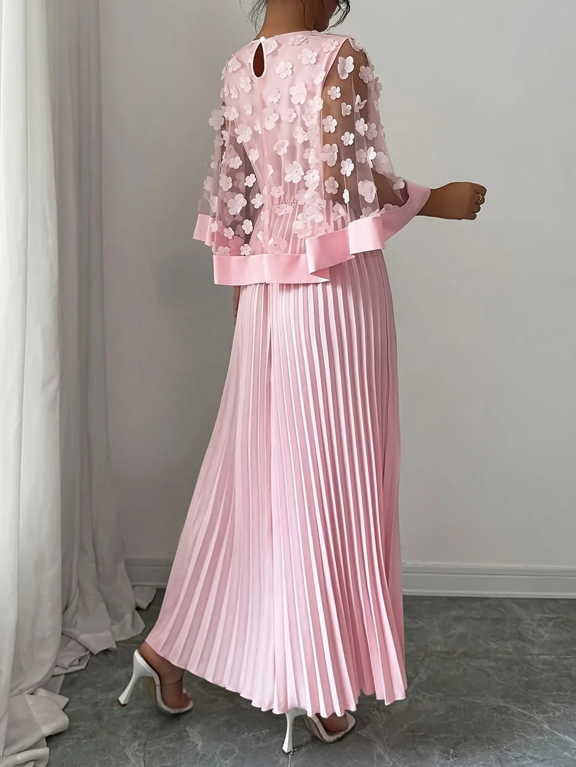 Maxi Dress 3D Floral Appliqué Pleated Wedding Guest