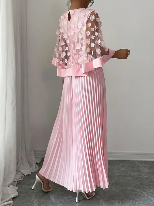 Maxi Dress 3D Floral Appliqué Pleated Wedding Guest